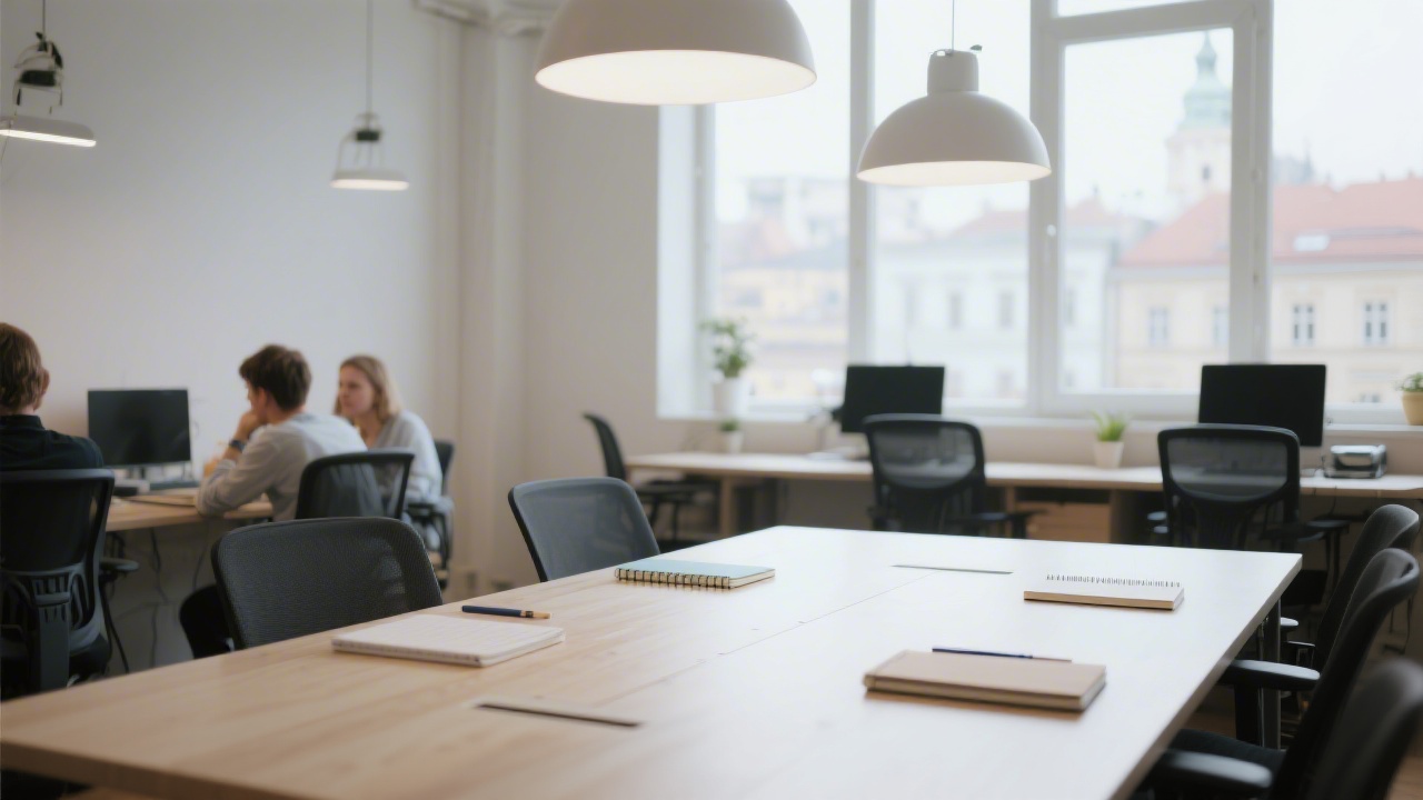 Bright Prague coworking space with large windows, a simple meeting table, and notebooks on the desk, representing a small focused content team.