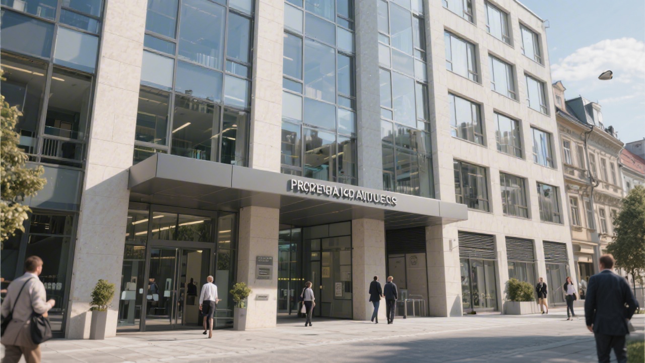 Exterior view of a modern office building in Prague with clear signage and people entering, suggesting a professional and accessible business location.