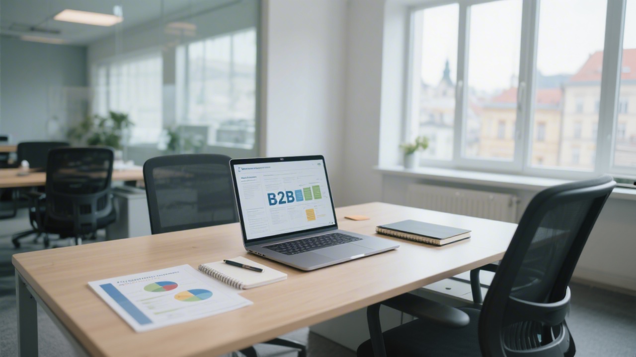 Wide view of a modern Prague office desk with laptop, printed content plan, and notebook, showing a calm B2B workspace with natural light and minimal decor.