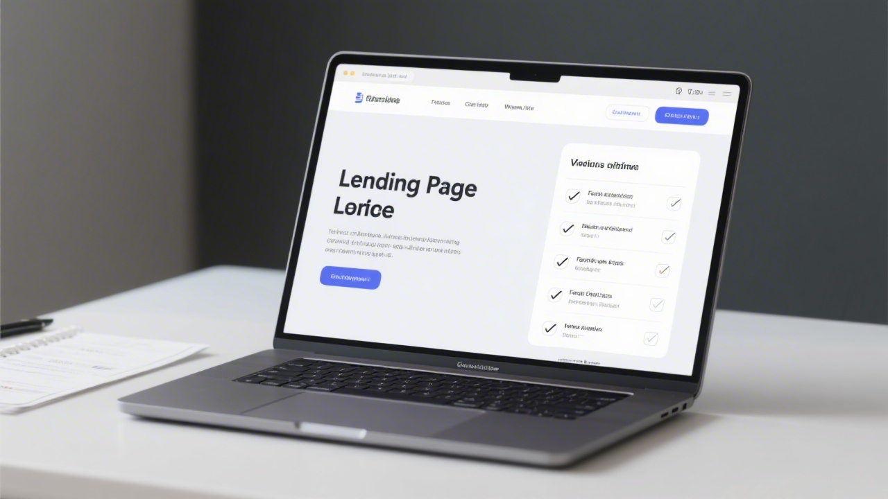 Laptop screen with a clean landing page layout and a checklist beside it, representing focused work on page structure and messaging for B2B websites.
