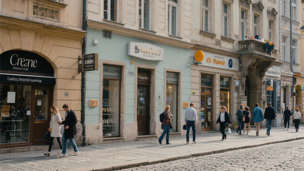 Street-level view of Prague storefronts with subtle business signage and people walking by, illustrating local market context and regional relevance.