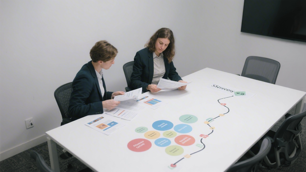 Small meeting room with two people reviewing printed topic clusters and a simple roadmap on a white table, representing a focused strategy workshop.